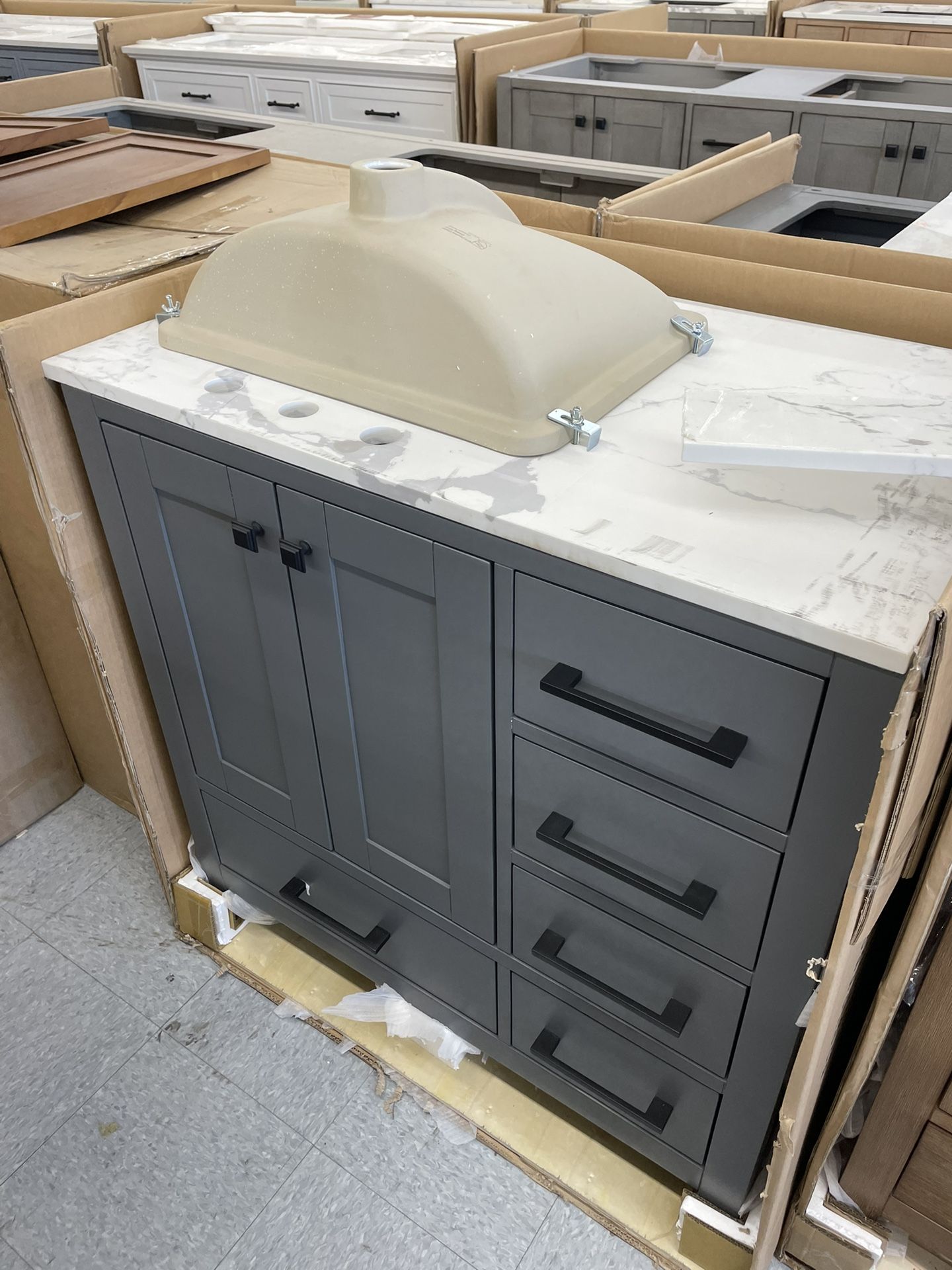 Bathroom vanity cabinet 36” solid mango Quartz top with sink and backsplash