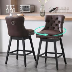 26" Swivel Bar Stools Set of 2 Leather Counter Height Chairs for Home Kitchen Dining, Brown