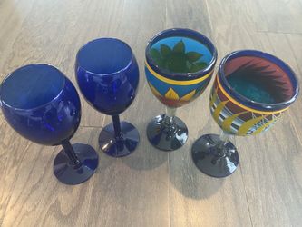 Wine glasses cobalt blue festive hand painted