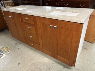 Marble Topped Built in 65″ 3-Piece Double Sink Bathroom Vanity w/ Soft Close Doors