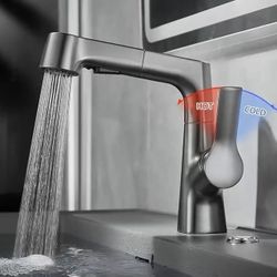 Bathroom Faucet with Pull Out Sprayer, Single Handle Pull Down Bathroom Sink Faucet with 2 Modes, Liftable & 360° Rotaty with Pull Out Sprayer, Modern