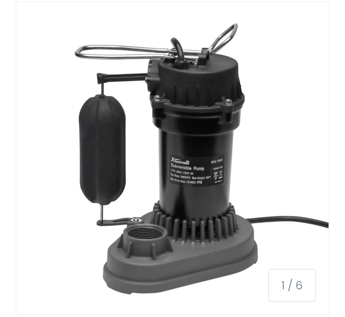 XtremepowerUS 1/2HP Submersible Sump Pump Sub Pump 3800 GPH Aluminum 76051