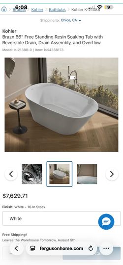 Kohler Brazn 66" Free Standing Resin Soaking Tub