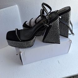black platform sandals feature a chunky block heel and rhinestone embellishment, $1 Exepting Offer( Sorry Not Free)