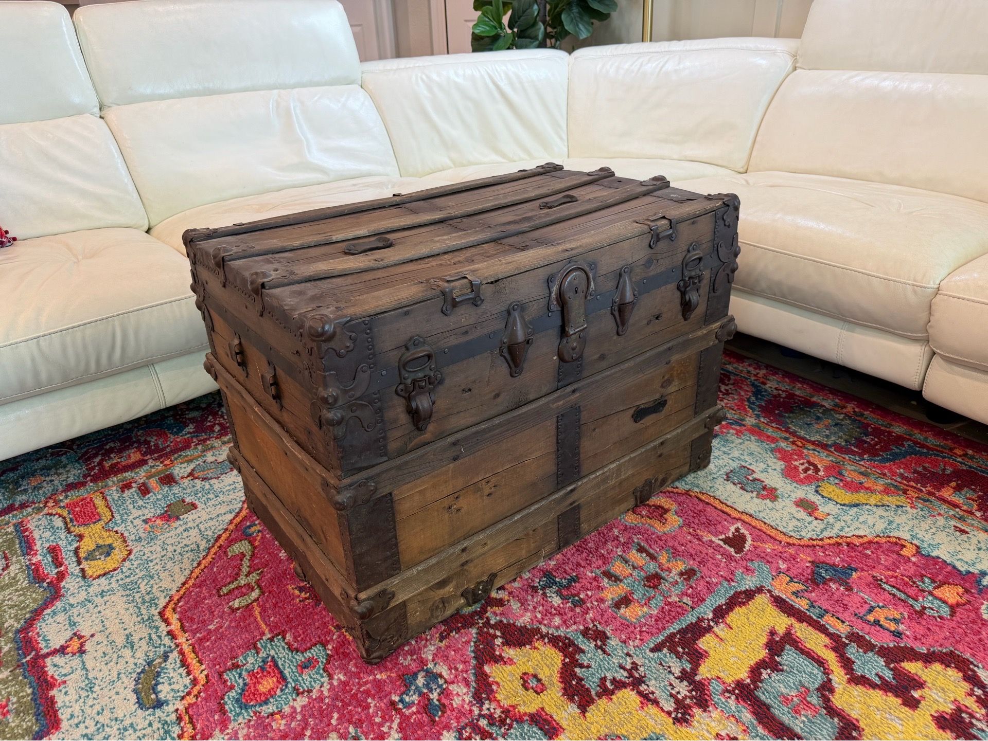 Antique Steamer Trunk Coffee Table Chest – Original Wood & Iron Hardware – Late 1800s/Early 1900s