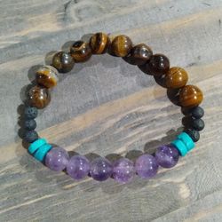 Gemstone Bracelet With Amethyst, Turquoise Howlite, Black Lava Stone And Tiger Eye