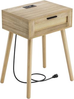 Nightstand with Charging Station Rattan Drawer, Mid Century Modern Side Table, End Beside Table with Pine Wood Legs Storage for Bedroom Living Room