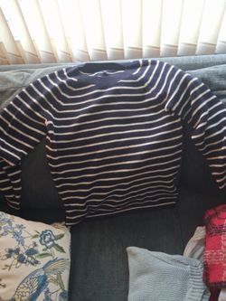 Navy Blue Striped Knit Crewneck Sweater