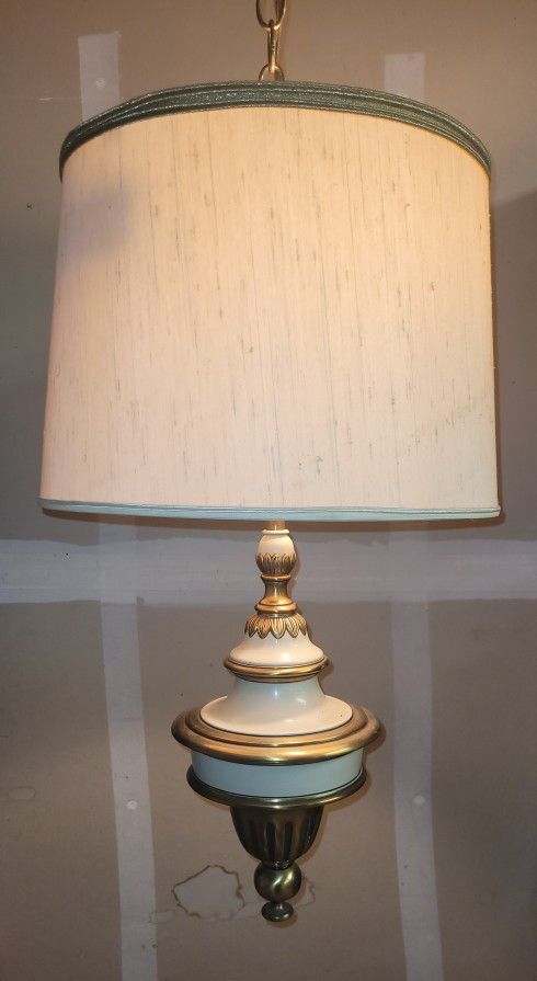 Stiffel Hanging Lamp swag brass & enamel light fixture vintage mid century