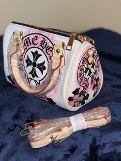 Chrome Heart Style Mini Duffle Handbag Pink White