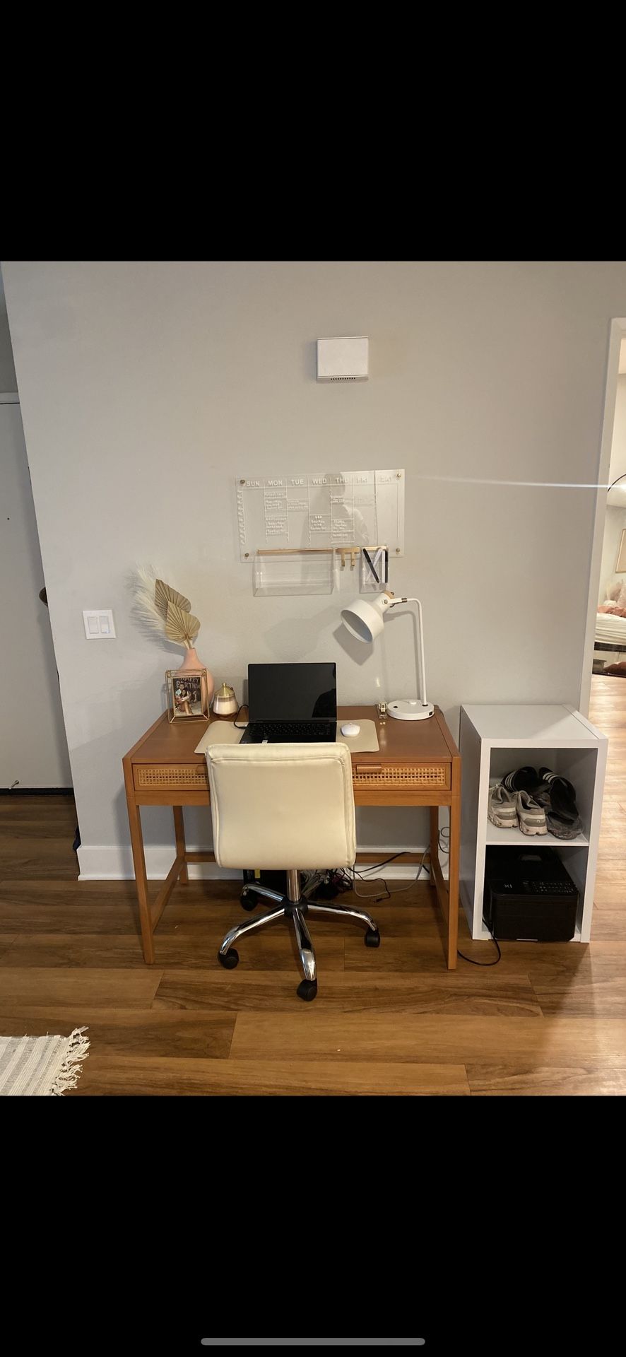 Threshold Rattan Writing Desk, Desk Chair, Dry Erase Calendar, Desk Lamp