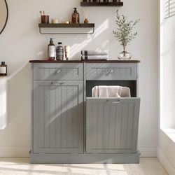 Double Tilt Out Trash Can Cabinet, Hidden Trash Cabinet, Grey Freestanding Trash Can for Kitchen with 2 Hideaway Drawers, Wooden Laundry H