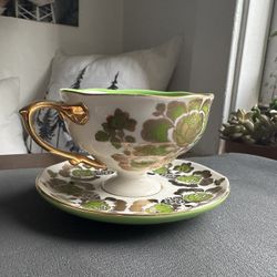 Beautiful Anthropology Green Floral Classic Teacups Set! 