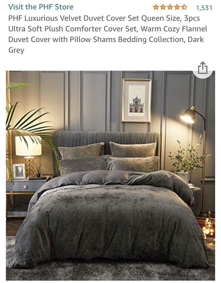 PHF Heavyweight Dark Gray Velvet Queen Duvet Cover New