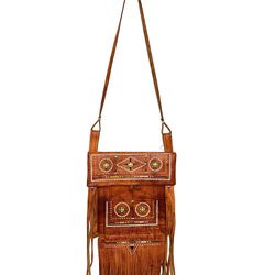 VTG Brown Leather Fringe Crossbody Shoulder Bag Western Moroccan Hand Tooled 21"  This is genuine leather, and it was hand toooled. The interior is as