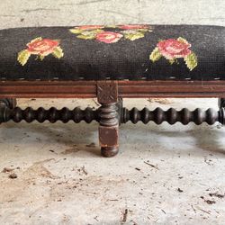 Antique Hand carved Ottoman With Floral Needle Point