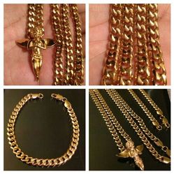 Elegant Gold Plated Cuban w/ Praying Angel Set