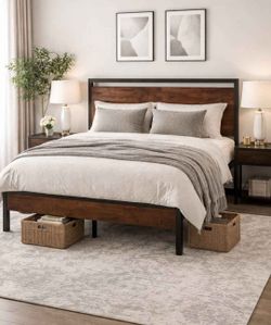 Queen bed Metal Platform Bed Frame with Wooden Headboard and Footboard, Mattress Foundation, No Box Spring Needed, Large Under Bed Storage, Non-Slip W