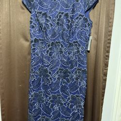 Alex Evenings Soutache Rosette Tea Length Dress Navy Size 6