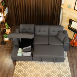97" x 59" 3-Seats Sleeper Sectional Sofa Bed W/ Chaise Storage, Pull Out Sleeper