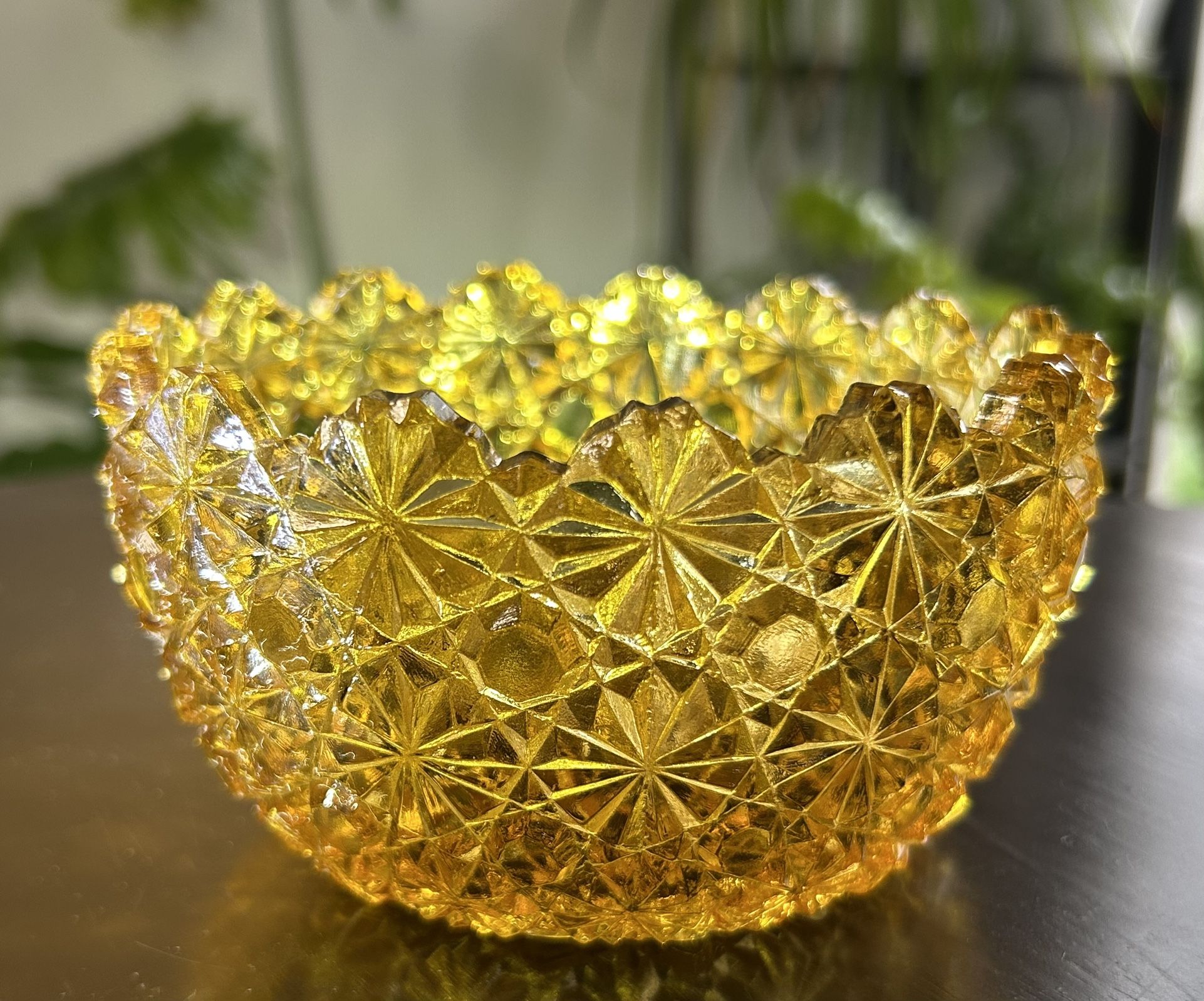 Vintage 4.75inch Briliant Yellow/Amber, Daisy & Button Bowl With Scalloped Edges