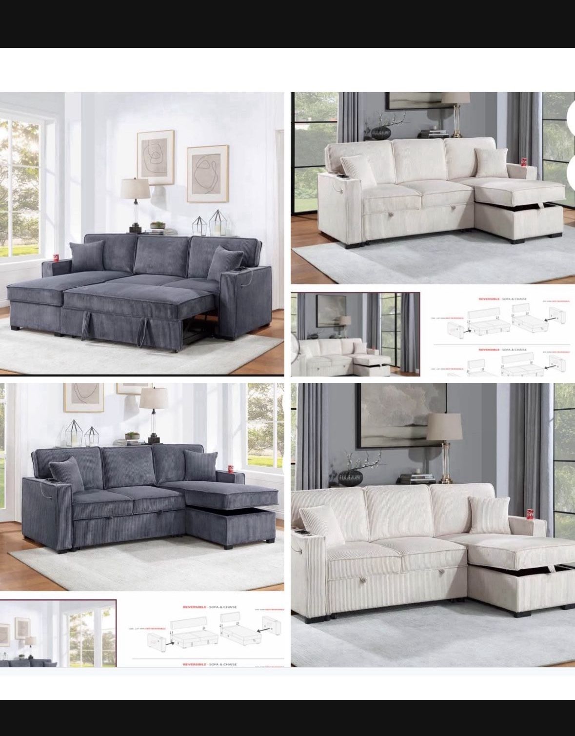 Sectional Sofa Pullout Bed W/Chaise Storage Fabric Reversible 88”x57”X33”H