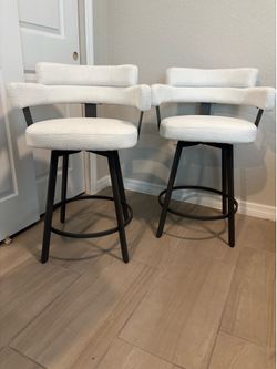 White Bouclé Counter Stools w/ Arms (Set of 2)