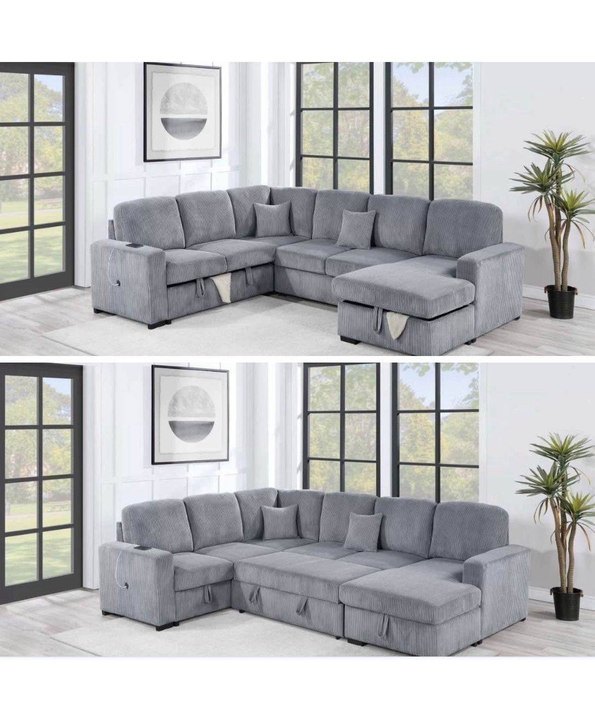 $649-4Piece Convertible Sectional Sleeper Sofa ,Chaise Storage ,Sofa Storage & USB Ports 98” x 103” x 61” x36”H