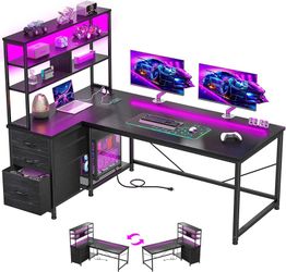216 DurayLoly 55''Gaming Desk L Shaped Desk with 3 Fabric Drawers & Shelf, Reversible Computer Desk with Remote LED Lights, Power Outlet of Home Offic