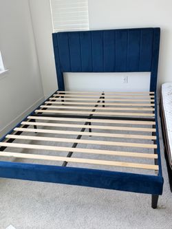 Blue Velvet Upholstered Bed Frame with Headboard