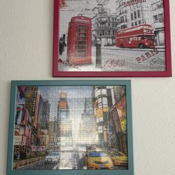 Set of 2 Framed Travel Puzzles - NYC Times Square & London/Paris Collage