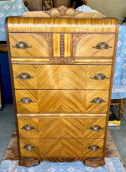 Antique Art Deco Waterfall Chest Beautiful Book Matched Woods Original Bakelite Hardware 1930s