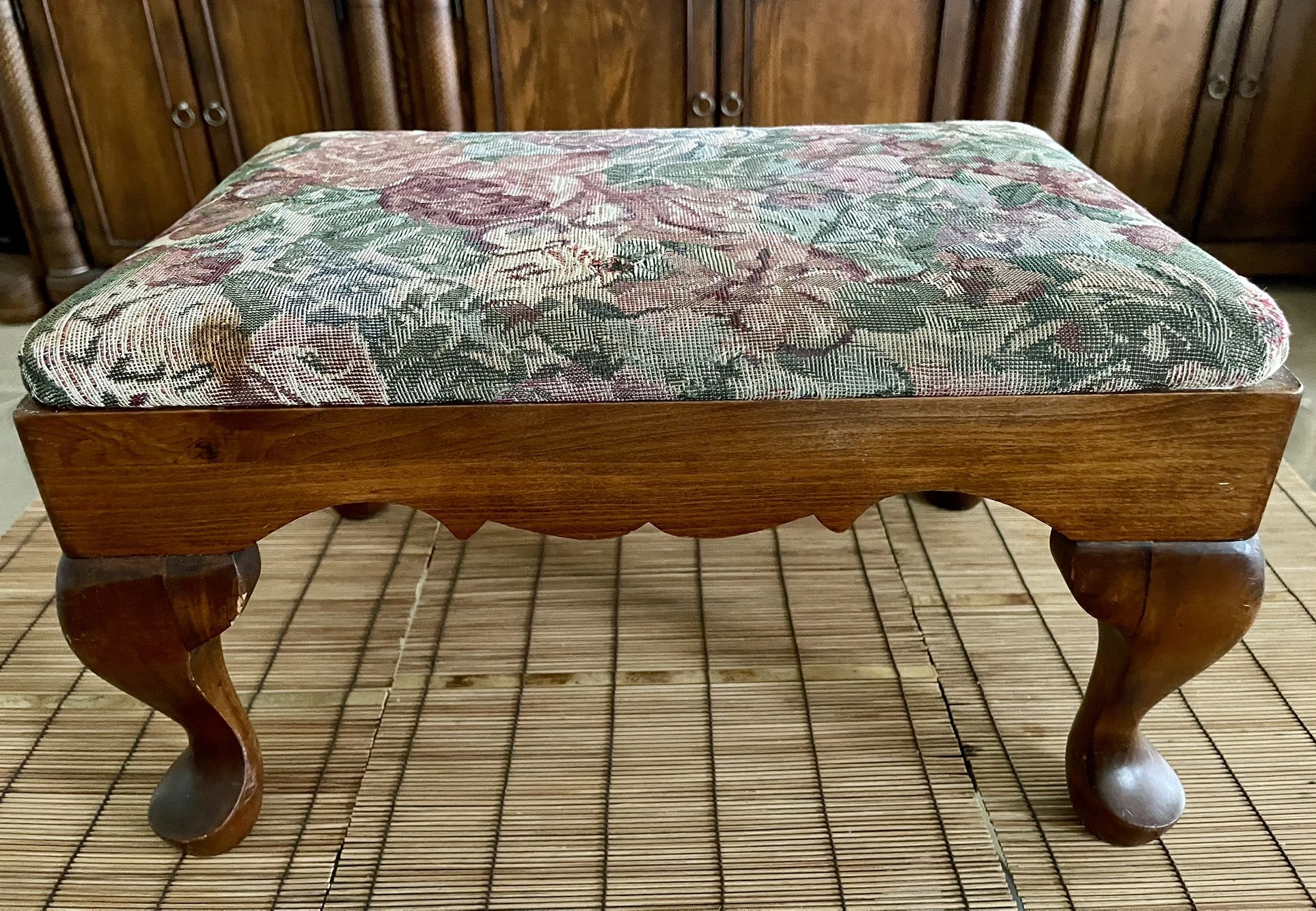 Antique Maple Carved Wood Legged Footstool w/ Cushioned Floral Cover