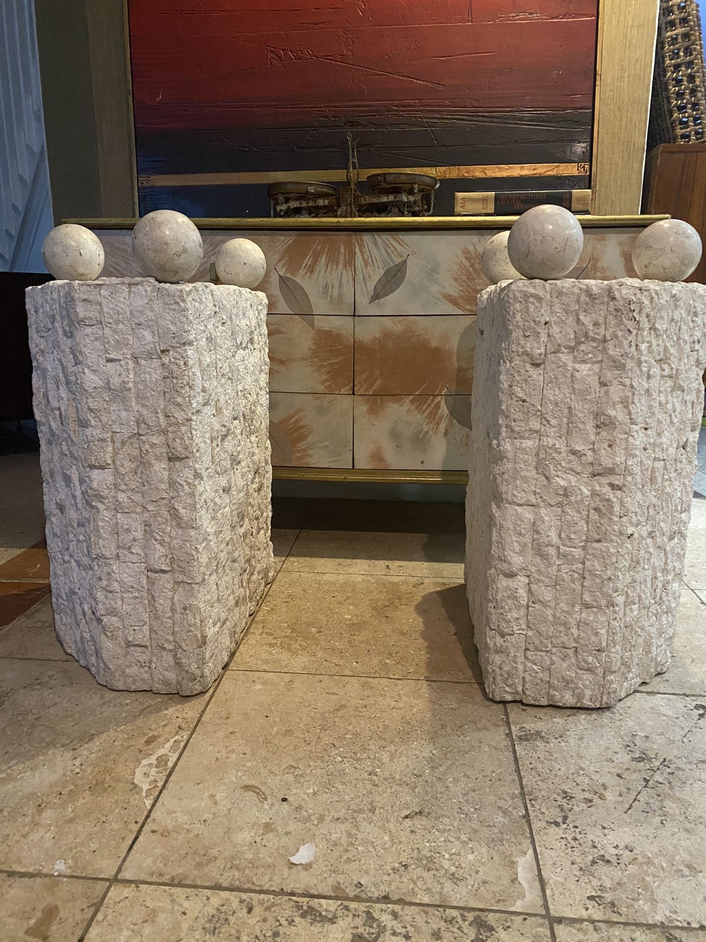 Post Modern Dining Table with Mactan Stone Double Pedestal Base