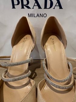 Tinstree Nude Suede Rhinestone Ankle Strap Heels Women’s Size 9