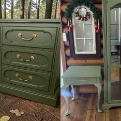 Huge Dresser Corner Curio & Nightstands End Tables Solid Wood 4pc Dark Green Satin Set New