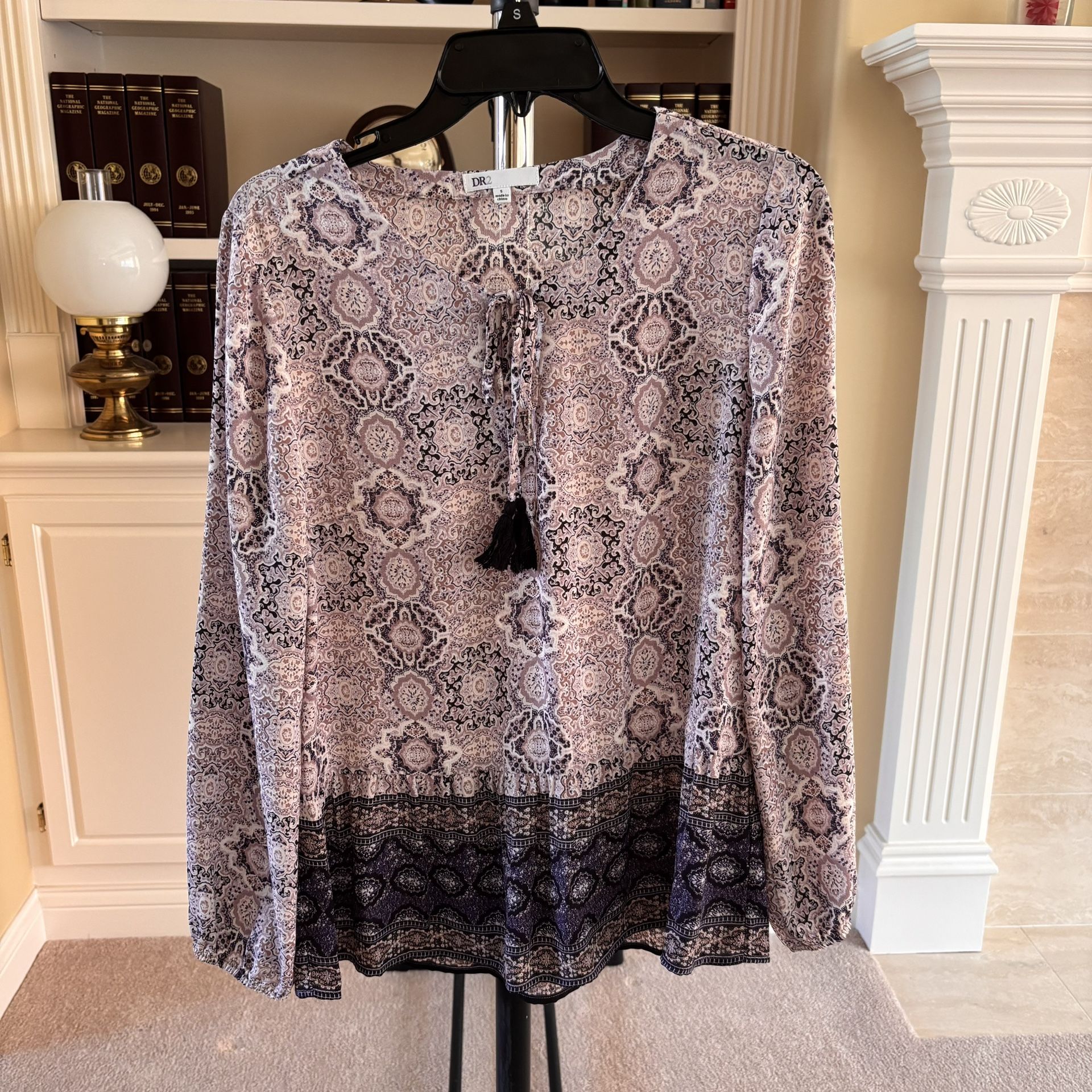 DR2 by Daniel Rainn boho blouse with a tassel tie neck and a printed pattern