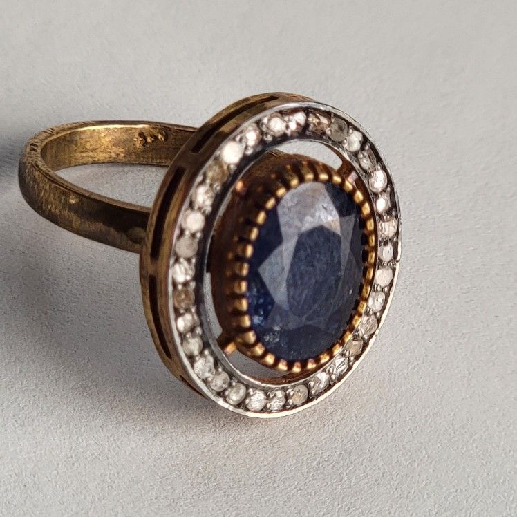 Must Sell!!! Natural Sapphire Ring with Pave Diamonds in Vermeil, Size 7, Price to Sell!
