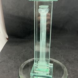 Contempory 9” Glass Candlestick W Corinthian Column On Square Base Taper Candle