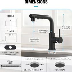 CREA Black Kitchen Faucet with Pull Down Sprayer, Bathroom Sink Faucet, Mini Bar Prep Faucet, Single Handle, 3 or 1 Hole, Utility Faucet, Outdoor Tap 