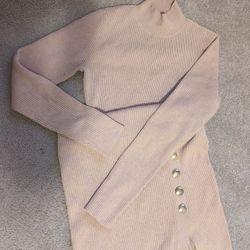 womens beige sweater dress gold buttons & slit