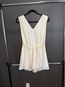Cream V-Neck Romper with Gold Chain Belt