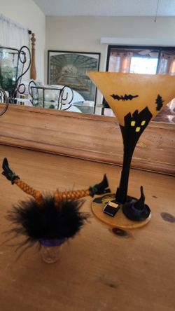 Halloween Hand painted Martini glass and Witch wine stopper