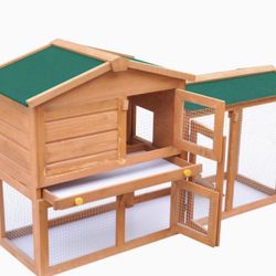 Outdoor Large Rabbit Hutch - 2 Layer Wooden Small Animal Cage with Green Roof - Iron Wire Mesh, Slide-Bolt Latches, Easy-Climb Ladder and Pull-Out Tra