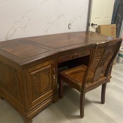 Large Curved Asian Wood Carving Table With Chair Set