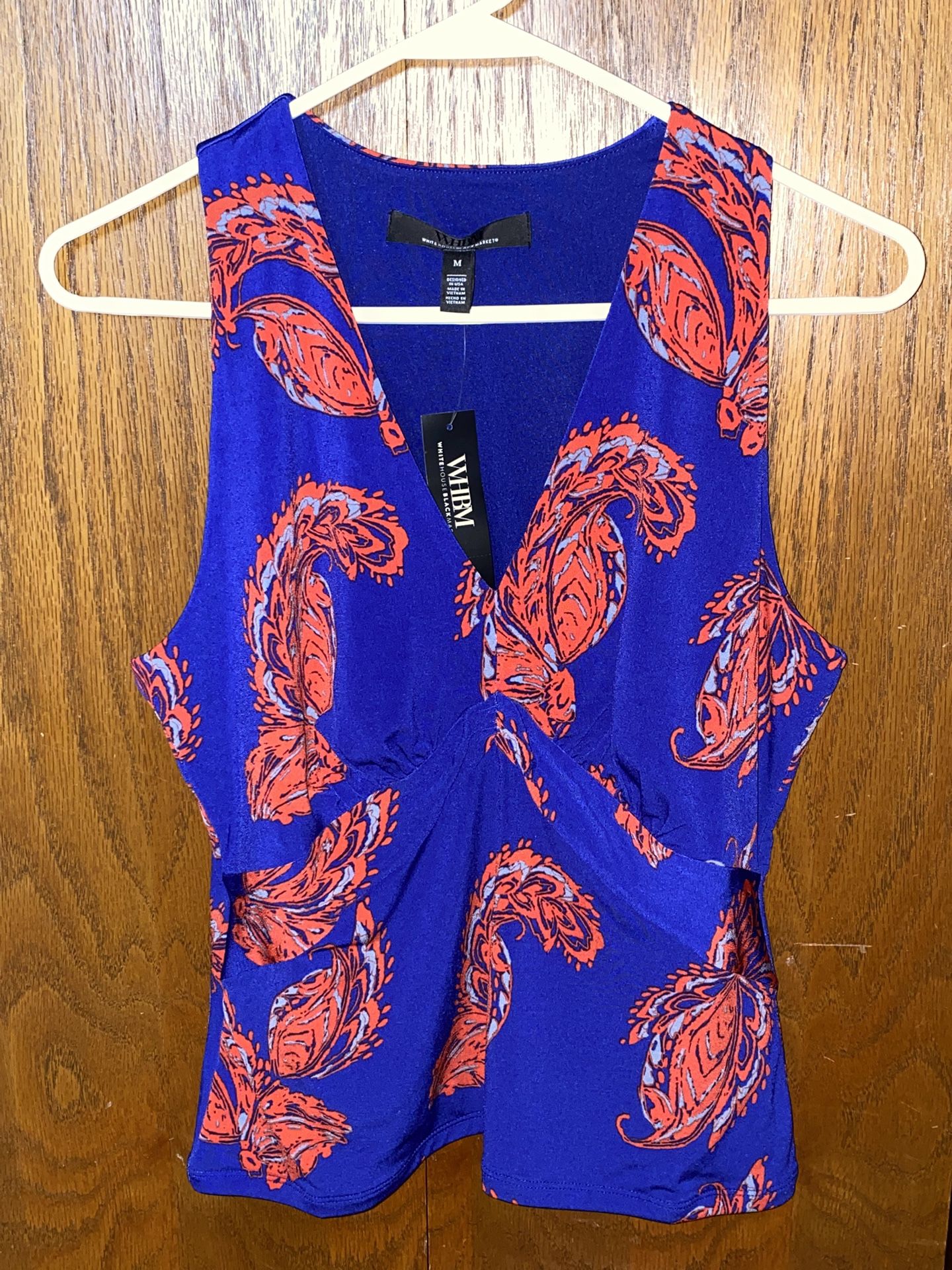 White House Black Market (WHBM) ruched, printed, sleeveless top - royal purple with red-orange paisley pattern - women’s size medium - NEW WITH TAGS