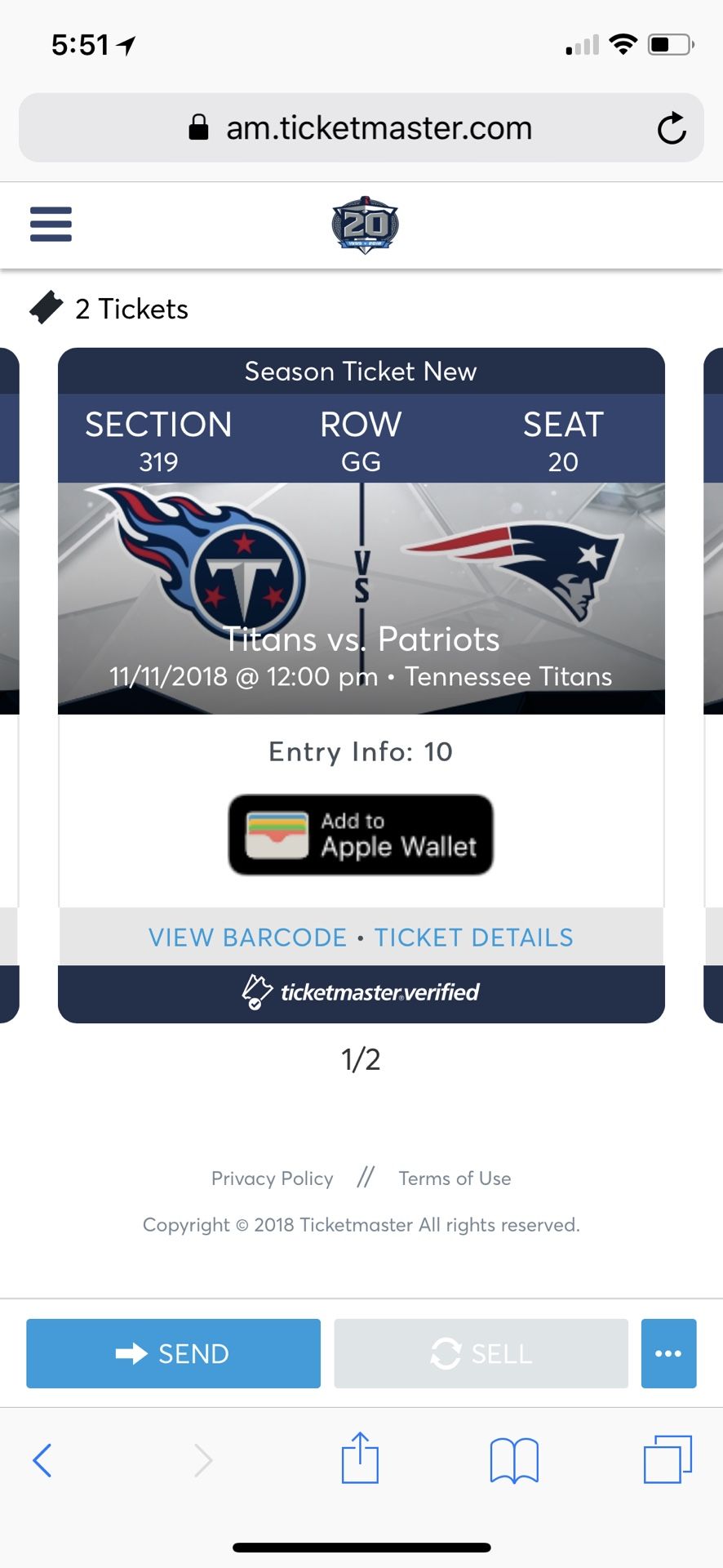 2 tickets to the Patriots vs Titans game on 11/11