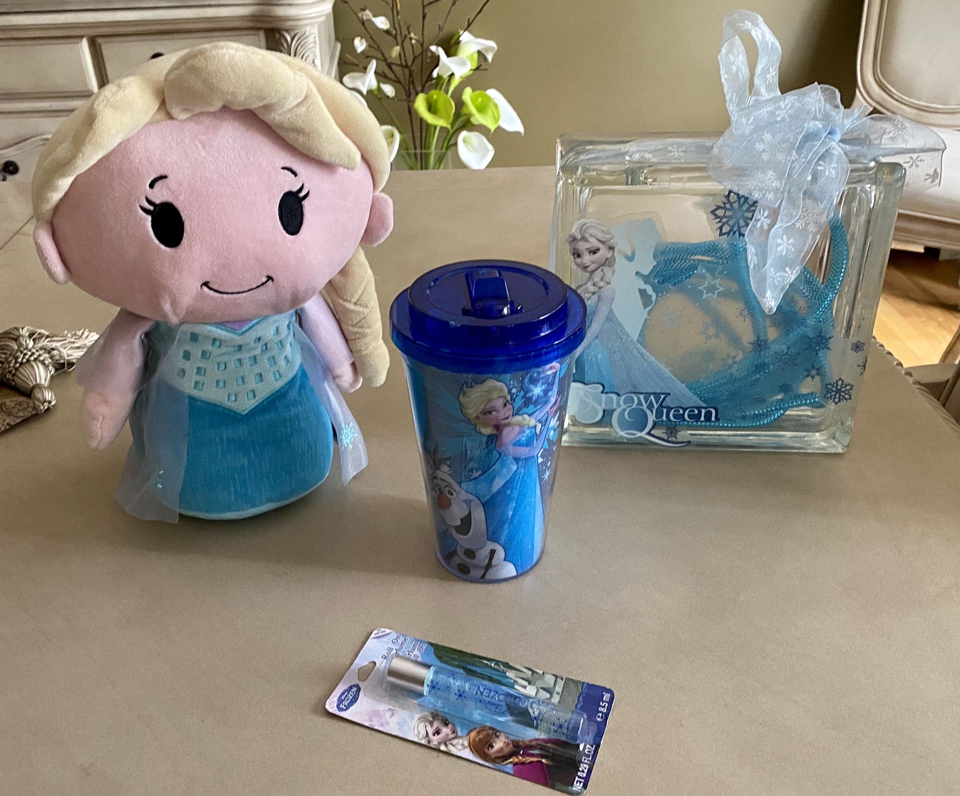 Disney Frozen Elsa Bean Plush, Cup, Roll Perfume and square Glass Decor