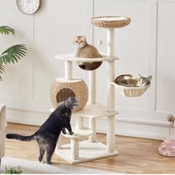 Cat Tree, 54in Rattan Cat Tree Tower with Luxury Woven Condo, Clear Bowl, Washable Cushions, and Scratching Posts, Cat Furniture for Indoor Cats