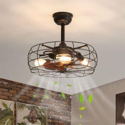 19" Caged Ceiling Fan with Light, Low Profile Flush Mount Bladeless Ceiling Fan, Small Farmhouse Industrial Enclosed Ceiling Fan with Remote Black Rou